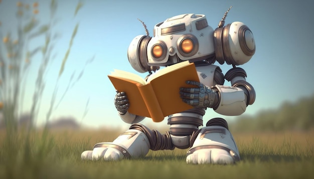 Zdjęcie robot czyta książkę w polu