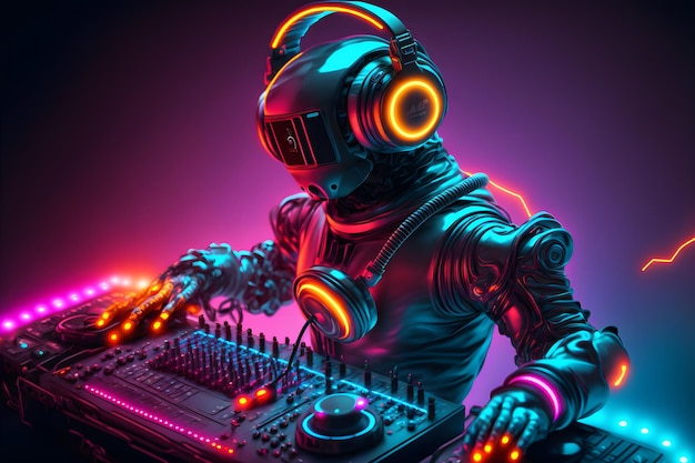 Robot disc jockey przy mikserze dj i gramofonie gra w klubie nocnym podczas imprezy Koncepcja imprezy rozrywkowej EDM Grafika generowana przez sieć neuronową