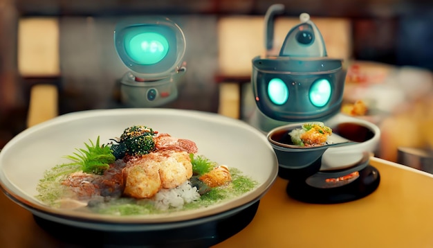 Robot gastronomiczny w restauracji z japońskim jedzeniem Technologia i koncepcja biznesowa