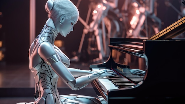 Robot grający na pianinie z kobietą grającą na pianinie