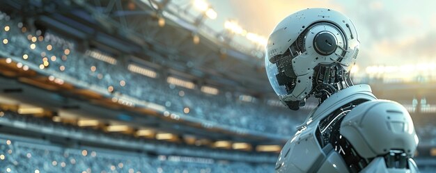 Robot grający w mecz piłki nożnej na boisku stadionu pełnym wsparcia