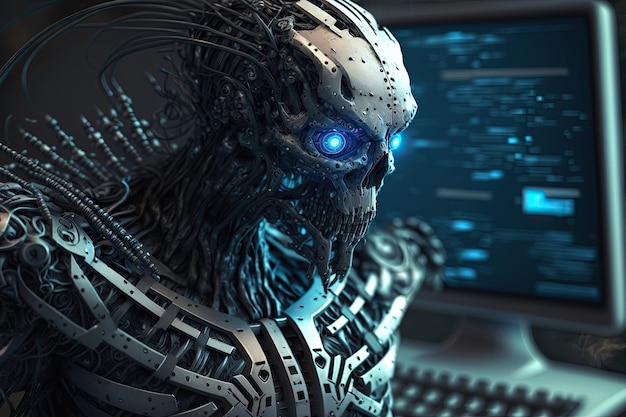 Robot hakerski włamuje się do komputera z koncepcją bazy danych cyberbezpieczeństwa