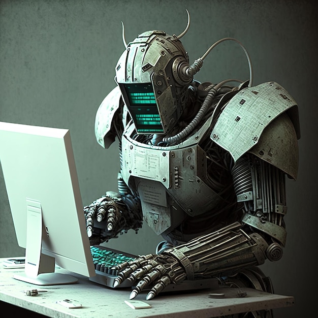 Robot hominoid korzysta z laptopa i siedzi przy stole, aby uzyskać globalne połączenie sieciowe.