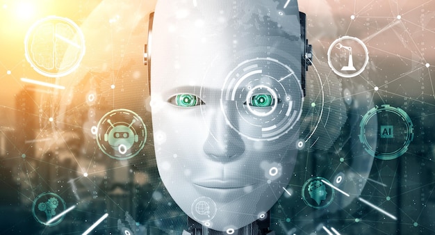 Robot humanoidalna twarz z bliska z graficzną koncepcją mózgu myślącego AI
