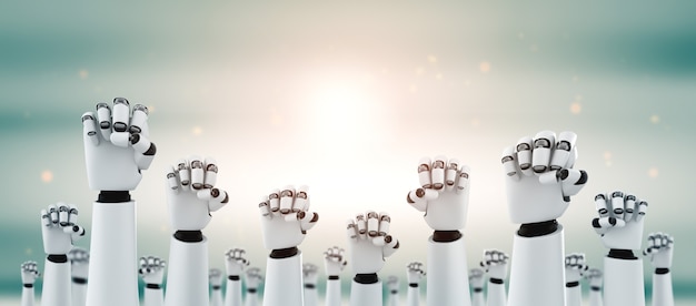 Robot humanoidalny ręce w górę, aby świętować sukces osiągnięty dzięki sztucznej inteligencji