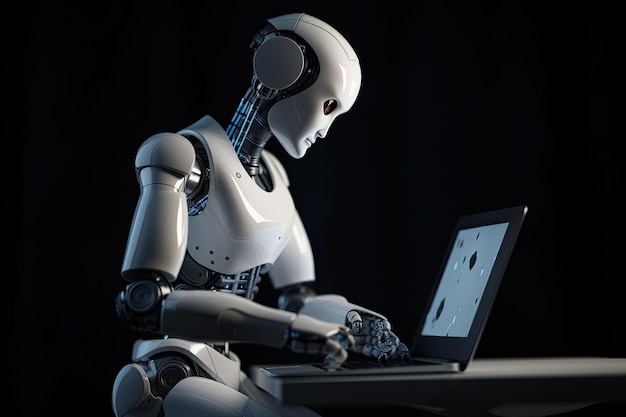 Robot humanoidalny renderowania 3D pracujący z komputerem przenośnym na czarnym tle Robot AI tworzenia projektów z komputera przenośnego AI Generated