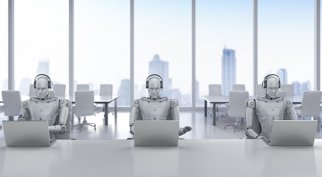 Robot humanoidalny renderujący 3d pracujący z zestawem słuchawkowym i notebookiem
