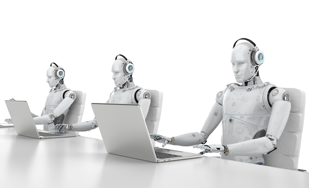 Robot humanoidalny renderujący 3d pracujący z zestawem słuchawkowym i notebookiem