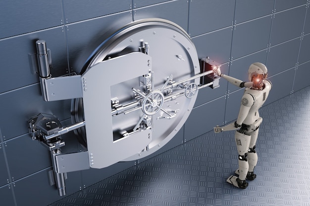 Robot humanoidalny renderujący 3d pracujący ze skarbcem bankowym