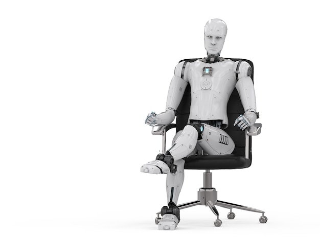 Robot humanoidalny renderujący 3d siedzi na krześle biurowym