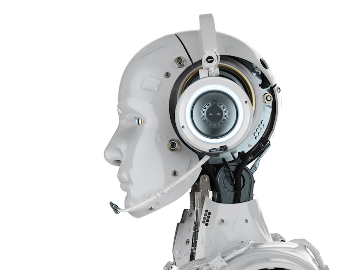 Zdjęcie robot humanoidalny renderujący 3d z zestawem słuchawkowym na białym tle