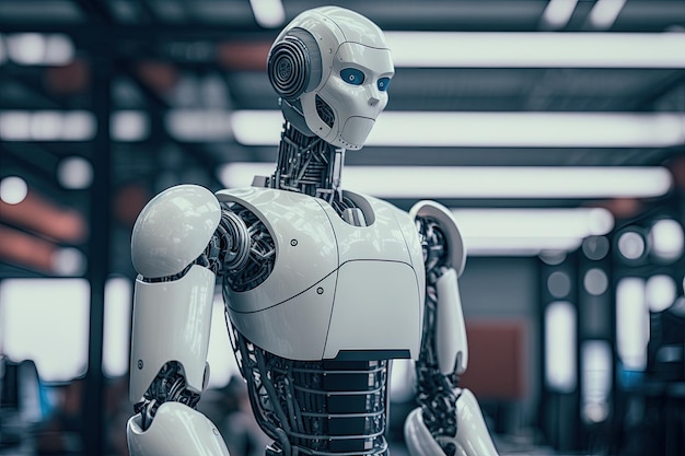 Robot humanoidalny stojący w futurystycznym pokoju Generative AI