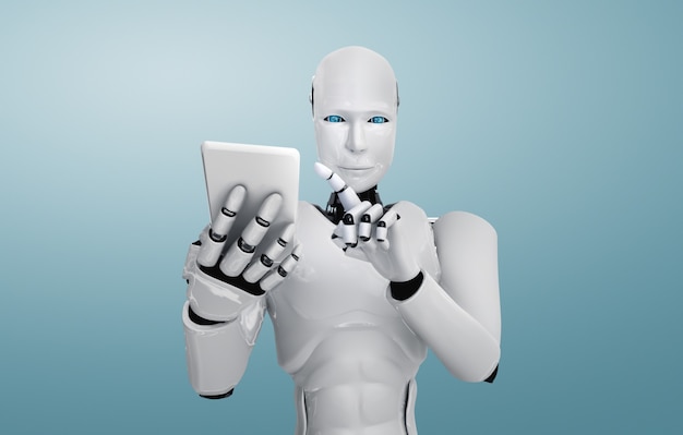 Robot humanoidalny używa telefonu komórkowego lub tabletu w przyszłym biurze