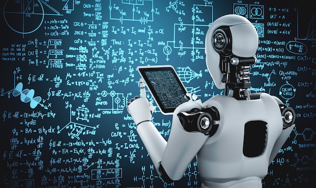 Robot humanoidalny używający tabletu do nauki inżynierii