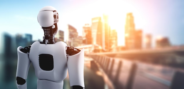 Robot humanoidalny z ilustracją 3D czeka na panoramę miasta