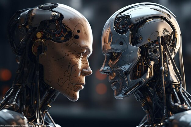 Robot i człowiek naprzeciw siebie