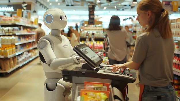 Robot i klient w supermarkecie Koncepcja sztucznej inteligencji i automatyzacji