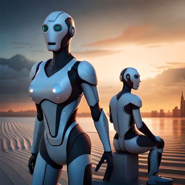 Robot i kobieta stoją na doku.