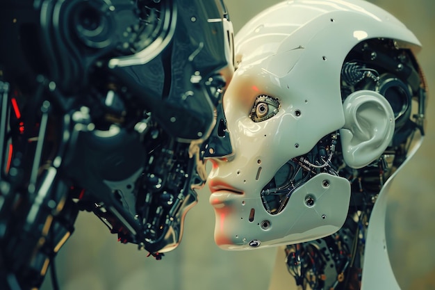 Robot i kobieta stoją naprzeciwko siebie, angażując się w interakcję twarzą w twarz. Robot sztucznej inteligencji ewoluuje w istotę podobną do człowieka.