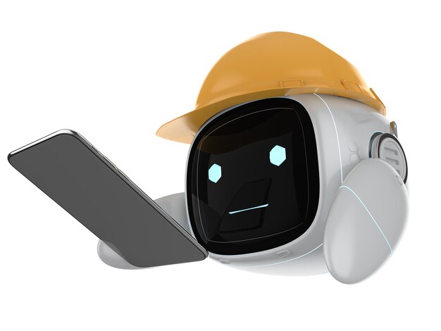 Robot inżynier z żółtym hełmem i tabletem