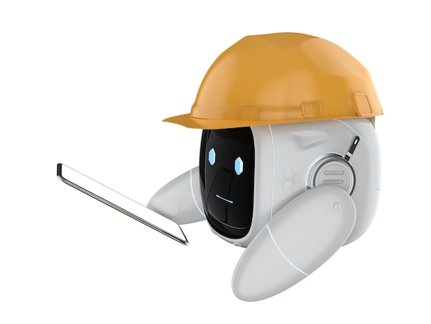 Robot inżynier z żółtym hełmem i tabletem