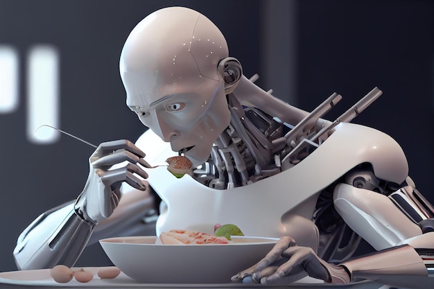 Robot jedzący miskę jedzenia z generatywną sztuczną inteligencją widelca