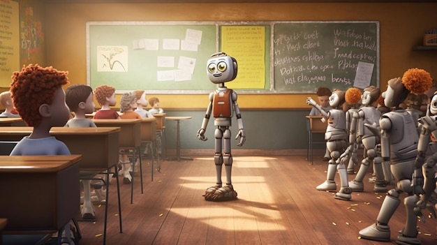Robot jest nauczycielem w szkole dla dzieci abstrakcyjna ilustracja klasa z dziećmi i sztuczną inteligencją Generative AI