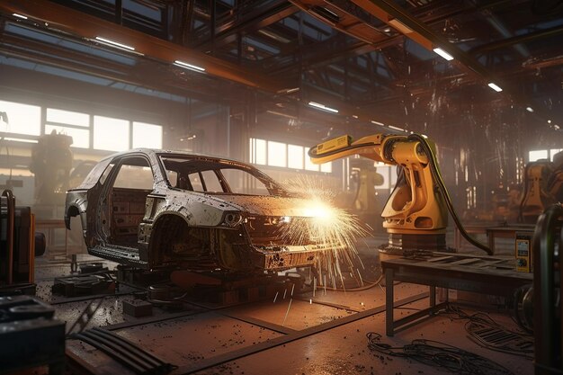 Robot jest używany do pracy nad samochodem w garażu.