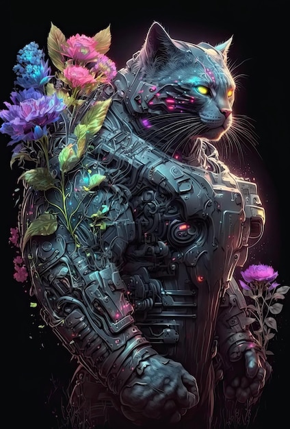 Robot-kot cyborg z kwiatami w stylu przyszłej cyberpunkowej generatywnej ilustracji AI