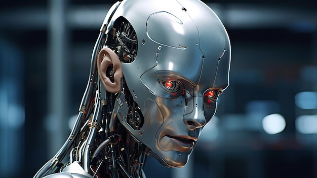 robot, który wygląda, jakby miał się pojawić w przyszłości, z czerwonymi oczami i białą skórą