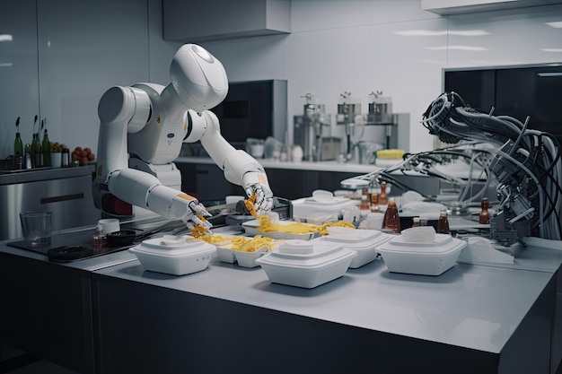 Robot-kucharz przygotowujący doskonale wykonane omlety w kuchni stworzonej za pomocą generatywnej sztucznej inteligencji