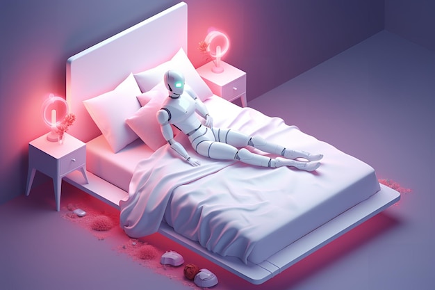 Robot leżący na łóżku z lampą z boku.