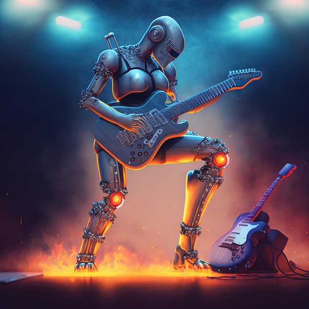 Robot muzyk rockowy grający na gitarze na koncercie w neonowych pomarańczowych niebieskich promieniach 3d ilustracji
