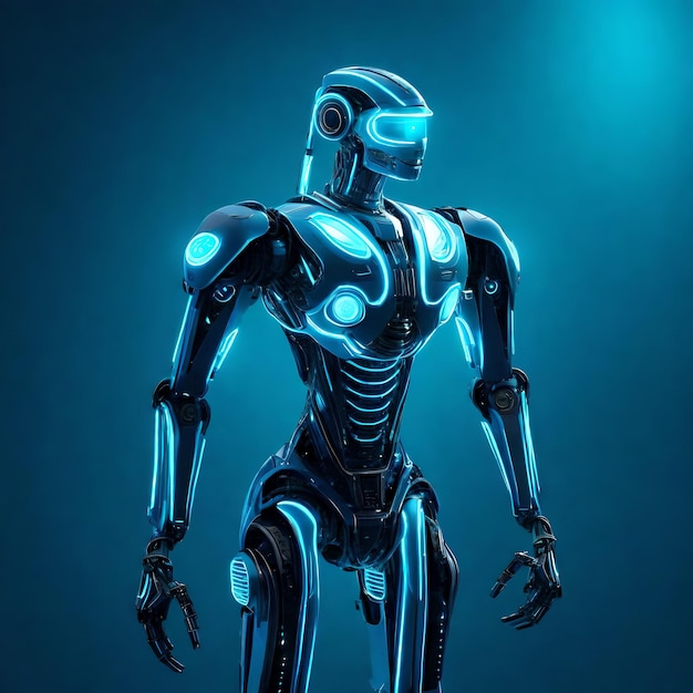 Robot na 3d charakter niebieski marynarki z jasnoniebieskim neonowym światłem z błyskawicą logo futurystyczne