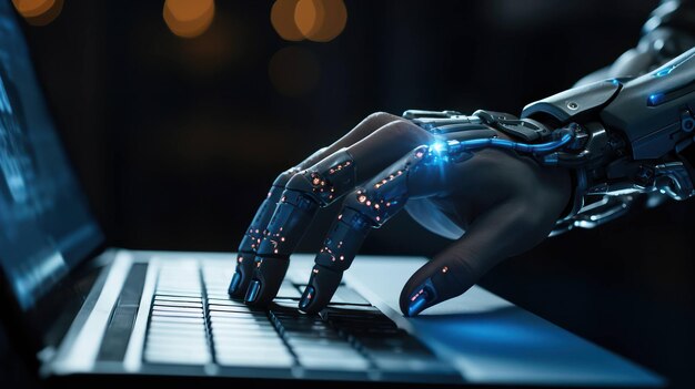Robot palec cyfrowy tło przyszła sztuczna ręka laptop maszyna futurystyczna klawiatura technologia komputerowa