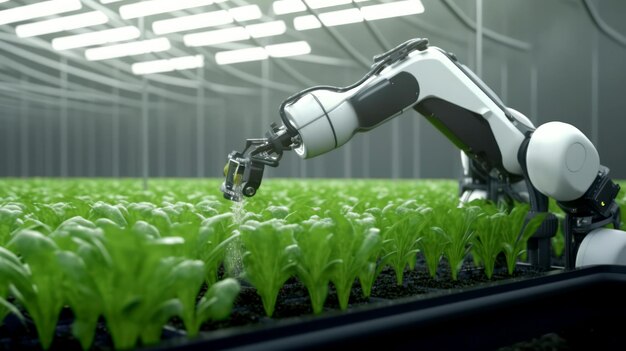Robot podlewa rośliny w szklarni.