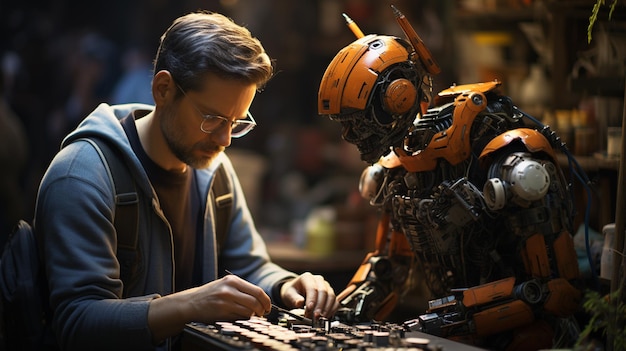 Robot pomagając człowiekowi w naprawie przedmiotów w warsztacie