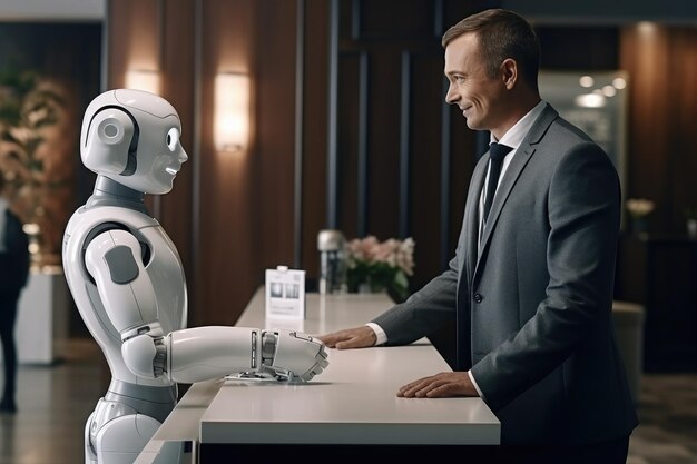 robot pracujący na recepcji obsługujący klienta