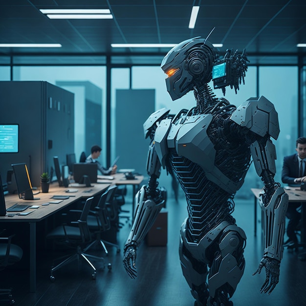 robot pracujący w nowoczesnym biurze z prawdziwymi ludźmi generatywny