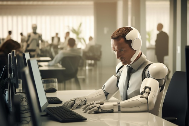 Zdjęcie robot pracujący w nowoczesnym biurze z prawdziwymi ludźmi
