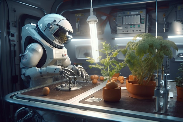 Robot pracuje na stacji kosmicznej z roślinami i żarówką.