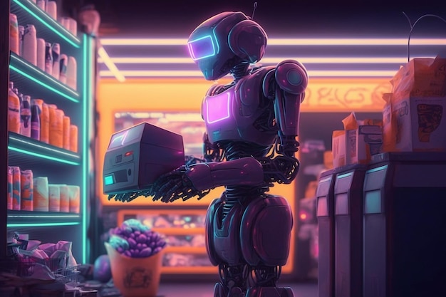 Robot przyszedł na zakupy do sklepu z neonową ilustracją Generative AI