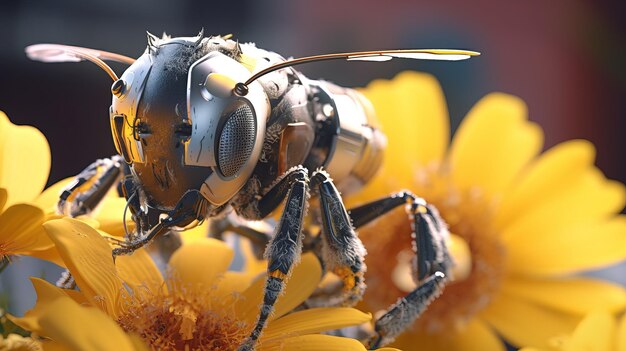 Zdjęcie robot pszczoła na kwiatku generacyjna ai