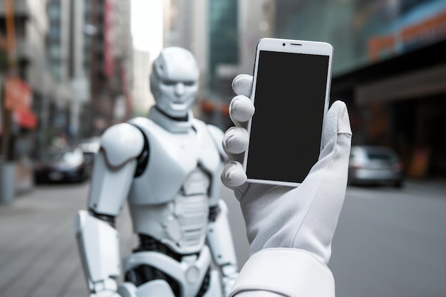 Zdjęcie robot ręcznie trzymający telefon komórkowy