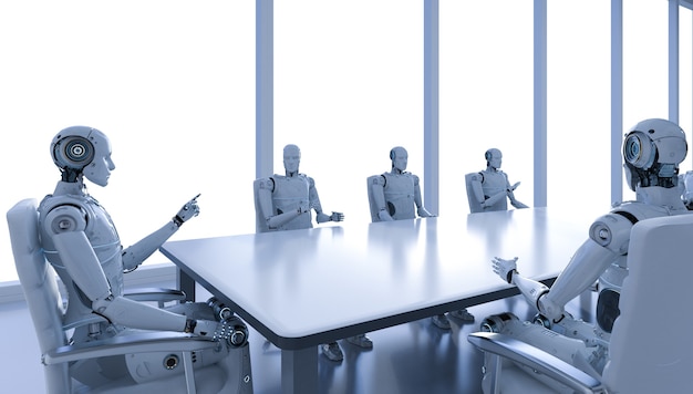 Robot renderujący 3d pracujący w biurze lub sali konferencyjnej