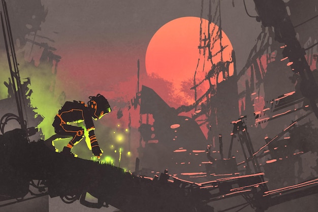 robot sadzący nasiona w zrujnowanym mieście o zachodzie słońca, malarstwo ilustracyjne