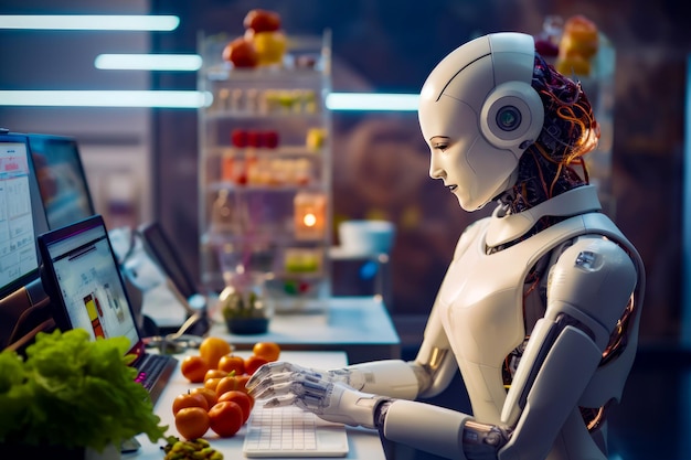 Robot siedzący przy biurku z klawiaturą i myszą przed nim Generatywna sztuczna inteligencja