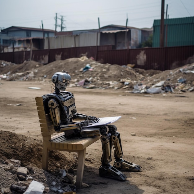 Robot siedzi na ławce z mapą.