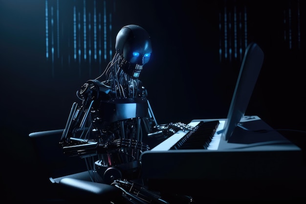 Robot siedzi przed dużym nowoczesnym komputerem generatywnym ai