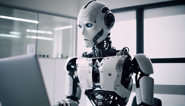 Robot siedzi przed komputerem Generative AI